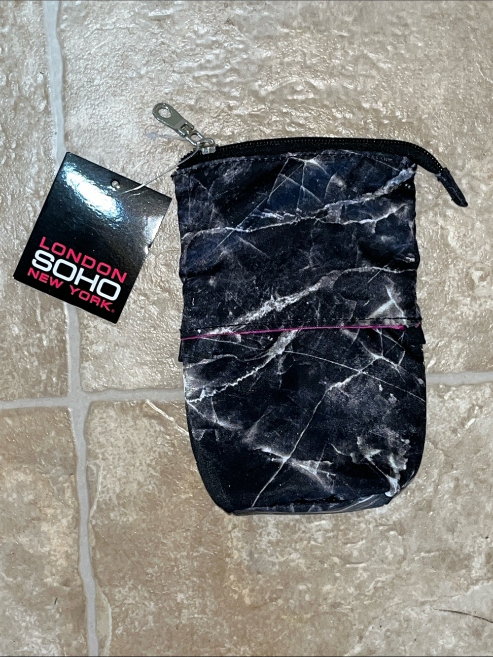 NWT London Soho Marble-Print Black Cosmetic Pouch with Zip